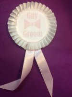 gay groom badge- white / pink 